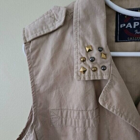Papaya Vest Womens L Tan Full Zip Studs Pockets Drawstrings Cotton Boho Hippie - Picture 10 of 14
